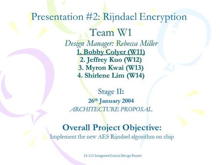 Team W1 Design Manager: Rebecca Miller 1. Bobby Colyer (W11) 2. Jeffrey Kuo (W12) 3. Myron Kwai (W13) 4. Shirlene Lim (W14) Stage II: 26 th January 2004.