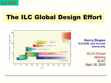 ILC-GDE The ILC Global Design Effort Gerry Dugan ILC/GDE and Cornell University SLUO Annual Meeting SLAC Sept. 26, 2005.
