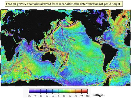 Free air gravity anomalies derived from radar altimetric determinations of geoid height milligals.