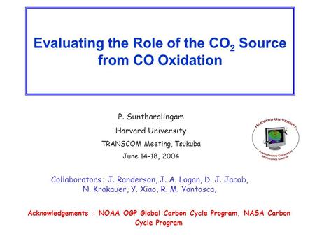 Evaluating the Role of the CO 2 Source from CO Oxidation P. Suntharalingam Harvard University TRANSCOM Meeting, Tsukuba June 14-18, 2004 Collaborators.