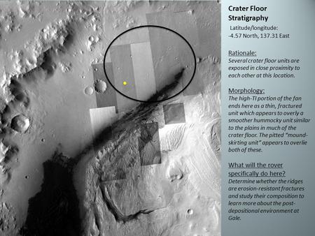 Crater Floor Stratigraphy Latitude/longitude: -4.57 North, 137.31 East Rationale: Several crater floor units are exposed in close proximity to each other.