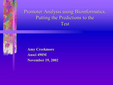 Promoter Analysis using Bioinformatics, Putting the Predictions to the Test Amy Creekmore Ansci 490M November 19, 2002.