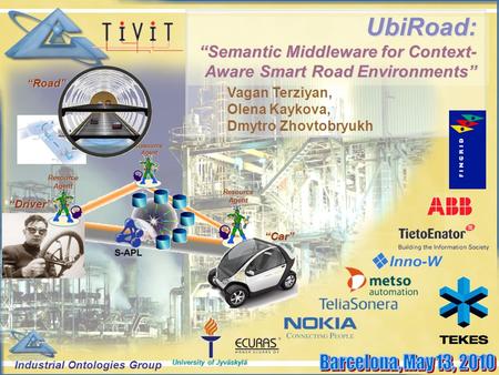 Industrial Ontologies Group University of Jyväskylä UbiRoad: “Semantic Middleware for Context- Aware Smart Road Environments” “Driver” “Road” “Car” Resource.