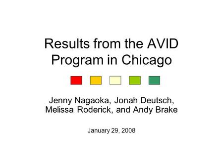 Results from the AVID Program in Chicago Jenny Nagaoka, Jonah Deutsch, Melissa Roderick, and Andy Brake January 29, 2008.