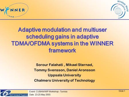 Event: CUBAN/WIP Workshop - Tunisia Date: 23-25 May 2005 Slide 1 Adaptive modulation and multiuser scheduling gains in adaptive TDMA/OFDMA systems in the.