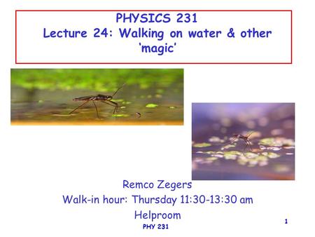 PHYSICS 231 Lecture 24: Walking on water & other ‘magic’