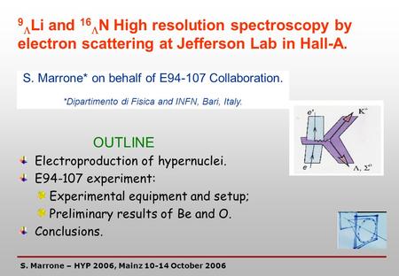 Electroproduction of hypernuclei. E94-107 experiment: Experimental equipment and setup; Preliminary results of Be and O. Conclusions. S. Marrone – HYP.