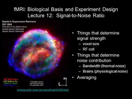 FMRI: Biological Basis and Experiment Design Lecture 12: Signal-to-Noise Ratio Things that determine signal strength –voxel size –RF coil Things that determine.