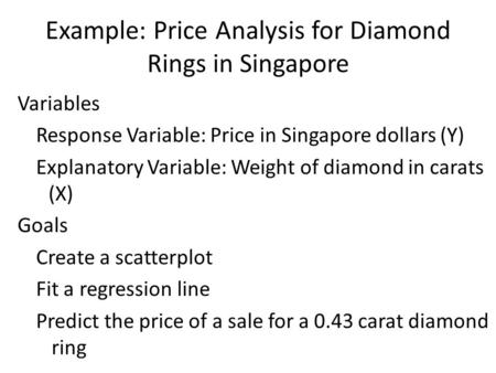 Example: Price Analysis for Diamond Rings in Singapore Variables Response Variable: Price in Singapore dollars (Y) Explanatory Variable: Weight of diamond.