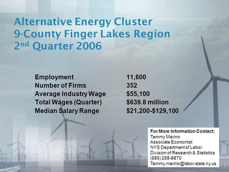 Alternative Energy Cluster 9-County Finger Lakes Region 2 nd Quarter 2006 Employment11,600 Number of Firms352 Average Industry Wage$55,100 Total Wages.