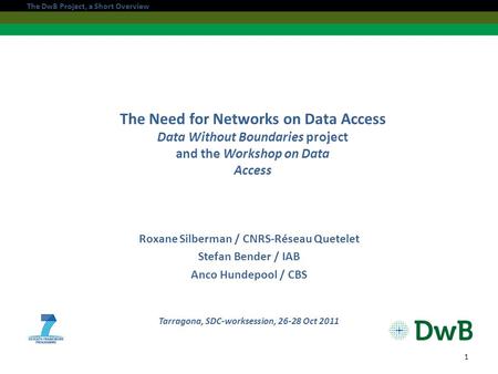 The Need for Networks on Data Access Data Without Boundaries project and the Workshop on Data Access Roxane Silberman / CNRS-Réseau Quetelet Stefan Bender.