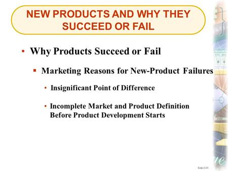NEW PRODUCTS AND WHY THEY SUCCEED OR FAIL Slide 10-30 Why Products Succeed or Fail  Marketing Reasons for New-Product Failures Marketing Reasons for New-Product.