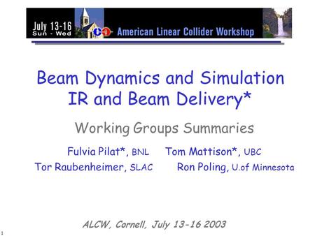 1 Beam Dynamics and Simulation IR and Beam Delivery* Working Groups Summaries Fulvia Pilat*, BNL Tom Mattison*, UBC Tor Raubenheimer, SLAC Ron Poling,