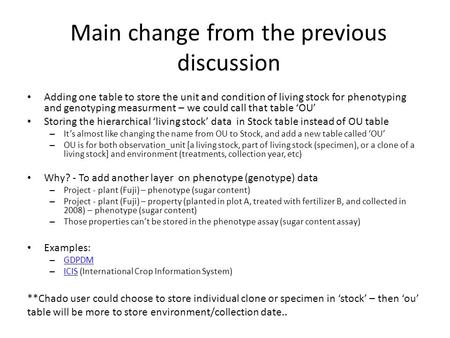 Main change from the previous discussion Adding one table to store the unit and condition of living stock for phenotyping and genotyping measurment – we.