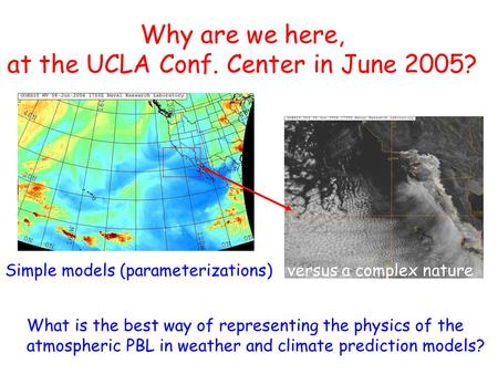 Why are we here, at the UCLA Conf. Center in June 2005? What is the best way of representing the physics of the atmospheric PBL in weather and climate.