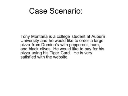 Tony Montana is a college student at Auburn University and he would like to order a large pizza from Domino’s with pepperoni, ham, and black olives. He.