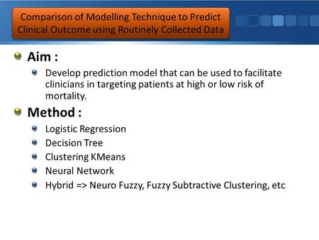 Aim : Develop prediction model that can be used to facilitate clinicians in targeting patients at high or low risk of mortality. Method : Logistic Regression.