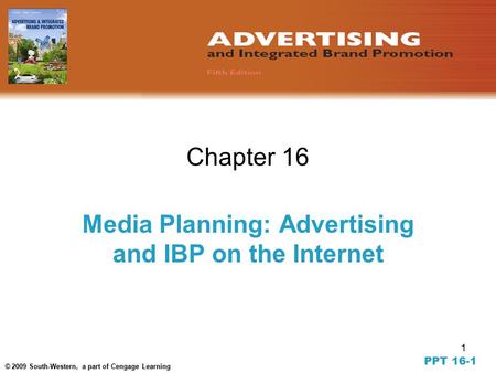 1 © 2009 South-Western, a part of Cengage Learning Chapter 16 Media Planning: Advertising and IBP on the Internet PPT 16-1.