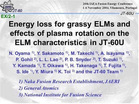 Energy loss for grassy ELMs and effects of plasma rotation on the ELM characteristics in JT-60U N. Oyama 1), Y. Sakamoto 1), M. Takechi 1), A. Isayama.
