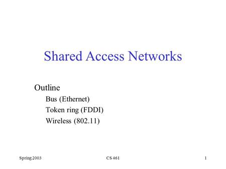 Spring 2003CS 4611 Shared Access Networks Outline Bus (Ethernet) Token ring (FDDI) Wireless (802.11)