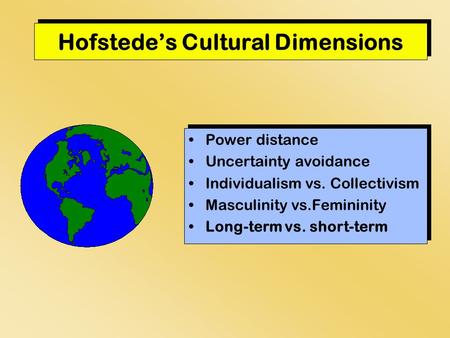 Hofstede’s Cultural Dimensions Power distance Uncertainty avoidance Individualism vs. Collectivism Masculinity vs.Femininity Long-term vs. short-term Power.