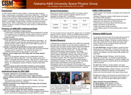 Alabama A&M University Space Physics Group Amy Winebarger, Marius Schamschula, Ravi Lal, AAMU Introduction In 2000, Alabama A&M University (AAMU), a historically.