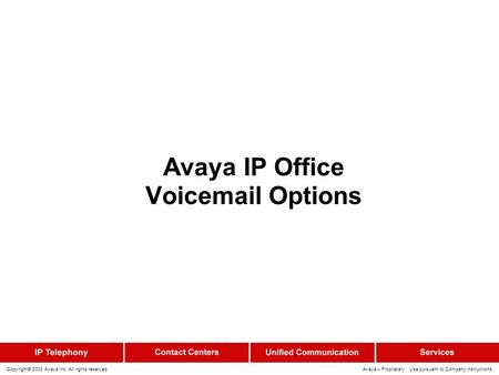 Copyright© 2003 Avaya Inc. All rights reserved Avaya – Proprietary Use pursuant to Company instructions Avaya IP Office Voicemail Options.