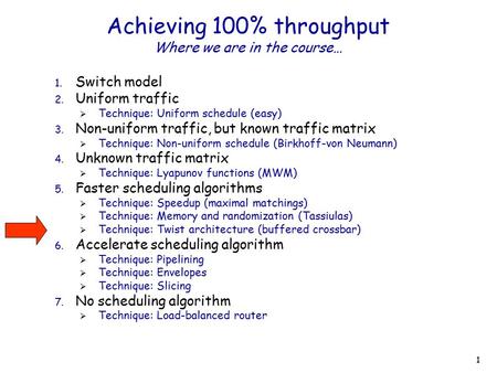 1 Achieving 100% throughput Where we are in the course… 1. Switch model 2. Uniform traffic  Technique: Uniform schedule (easy) 3. Non-uniform traffic,