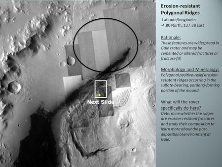 Erosion-resistant Polygonal Ridges Latitude/longitude: -4.80 North, 137.38 East Rationale: These features are widespread in Gale crater and may be cemented.