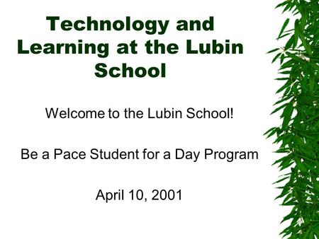 Technology and Learning at the Lubin School Welcome to the Lubin School! Be a Pace Student for a Day Program April 10, 2001.
