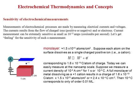 Electrochemical Thermodynamics and Concepts Sensitivity of electrochemical measurements Measurements of electrochemical processes are made by measuring.