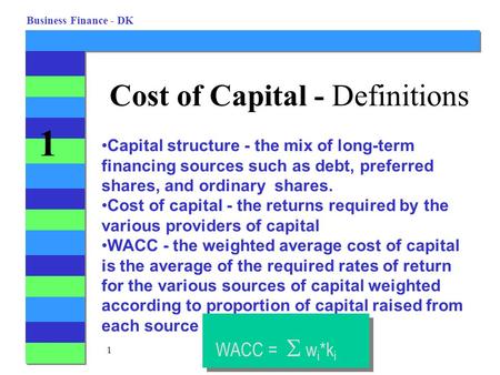 1 Business Finance - DK 1 Cost of Capital - Definitions Capital structure - the mix of long-term financing sources such as debt, preferred shares, and.