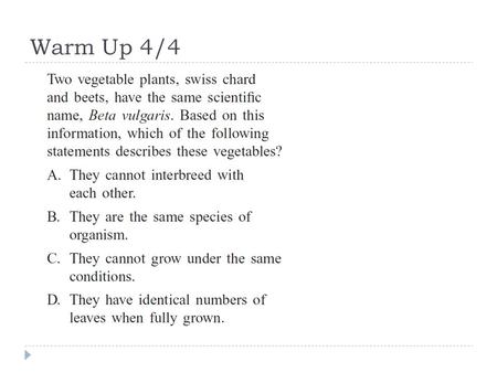 Warm Up 4/4. Plant Quiz  You may use your lab!!