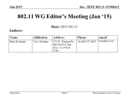 Submission doc.: IEEE 802.11-15/0084r2 Slide 1 802.11 WG Editor’s Meeting (Jan ‘15) Date: 2015-01-11 Authors: Peter Ecclesine (Cisco Systems) Jan 2015.