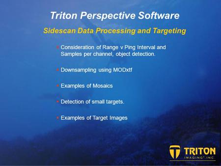Triton Perspective Software Sidescan Data Processing and Targeting  Consideration of Range v Ping Interval and Samples per channel, object detection.