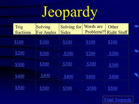 Jeopardy Trig fractions Solving For Angles Solving for Sides Words are Problems?! Other Right Stuff $100 $200 $300 $400 $500 $100 $200 $300 $400 $500.