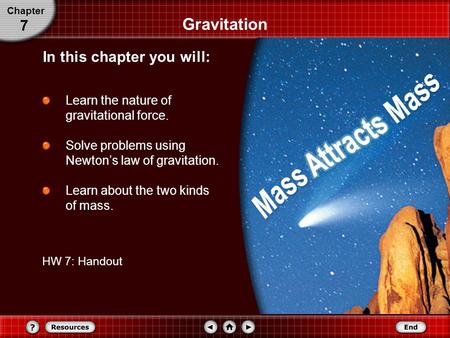 Gravitation Learn the nature of gravitational force. Solve problems using Newton’s law of gravitation. Learn about the two kinds of mass. Chapter 7 In.