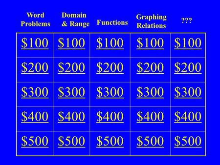 $100 $200 $300 $400 $500 Word Problems Domain & Range