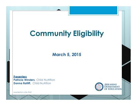 Community Eligibility March 5, 2015 Presenters Patricia Winders, Child Nutrition Donna Ratliff, Child Nutrition Adapted from USDA, FRAC.