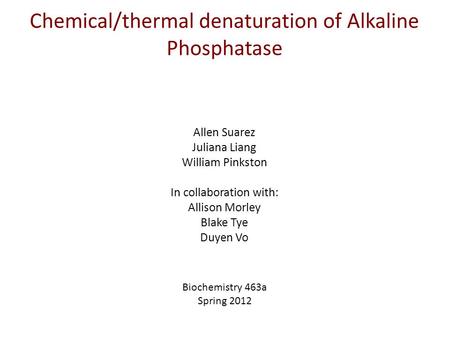 Biochemistry 463a Spring 2012 Chemical/thermal denaturation of Alkaline Phosphatase Allen Suarez Juliana Liang William Pinkston In collaboration with: