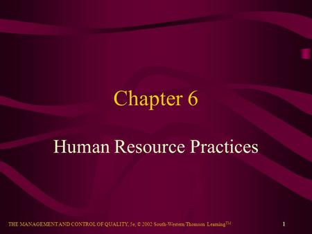 THE MANAGEMENT AND CONTROL OF QUALITY, 5e, © 2002 South-Western/Thomson Learning TM 1 Chapter 6 Human Resource Practices.