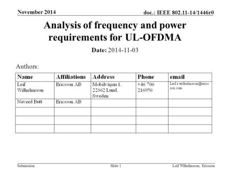 Submission doc.: IEEE 802.11-14/1446r0 November 2014 Leif Wilhelmsson, EricssonSlide 1 Analysis of frequency and power requirements for UL-OFDMA Date: