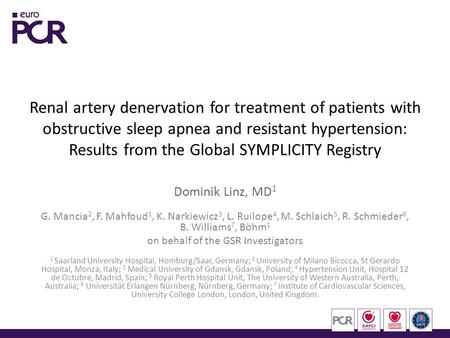 Renal artery denervation for treatment of patients with obstructive sleep apnea and resistant hypertension: Results from the Global SYMPLICITY Registry.