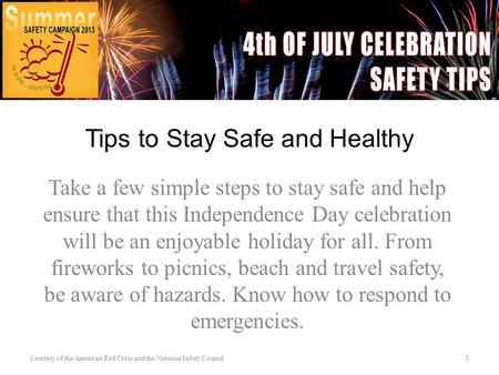 Tips to Stay Safe and Healthy Take a few simple steps to stay safe and help ensure that this Independence Day celebration will be an enjoyable holiday.