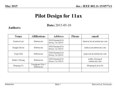Submission Daewon Lee, NewracomSlide 1 doc.: IEEE 802.11-15/0577r1May 2015 Pilot Design for 11ax Date: 2015-05-10 Authors: