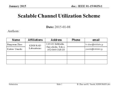 Doc.: IEEE 01-15/0035r1 Submission Scalable Channel Utilization Scheme January 2015 B. Zhao and K. Yunoki, KDDI R&D LabsSlide 1 Date: 2015-01-08 Authors: