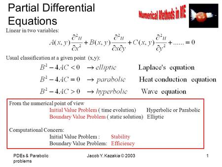 PDEs & Parabolic problems Jacob Y. Kazakia © 20031 Partial Differential Equations Linear in two variables: Usual classification at a given point (x,y):