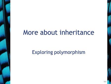 More about inheritance Exploring polymorphism 5.0.