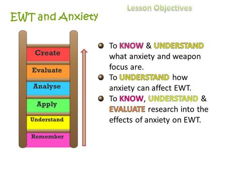 EWT and Anxiety. How will I know if I am learning? By the end of the lesson… E Will be able to define weapon focus. C Will be able to explain how anxiety.