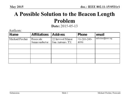 Submission doc.: IEEE 802.11-15/0531r1 May 2015 Michael Fischer, FreescaleSlide 1 A Possible Solution to the Beacon Length Problem Date: 2015-05-13 Authors: